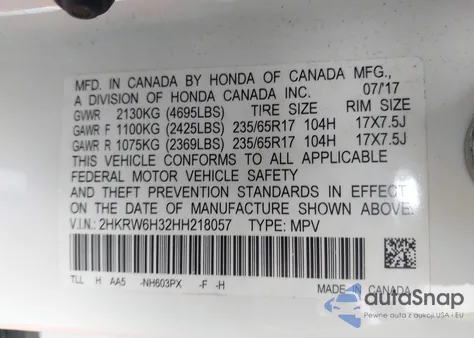 2017 Honda Cr-V Lx из США, поврежденный, VIN 2HKRW6H32HH218057